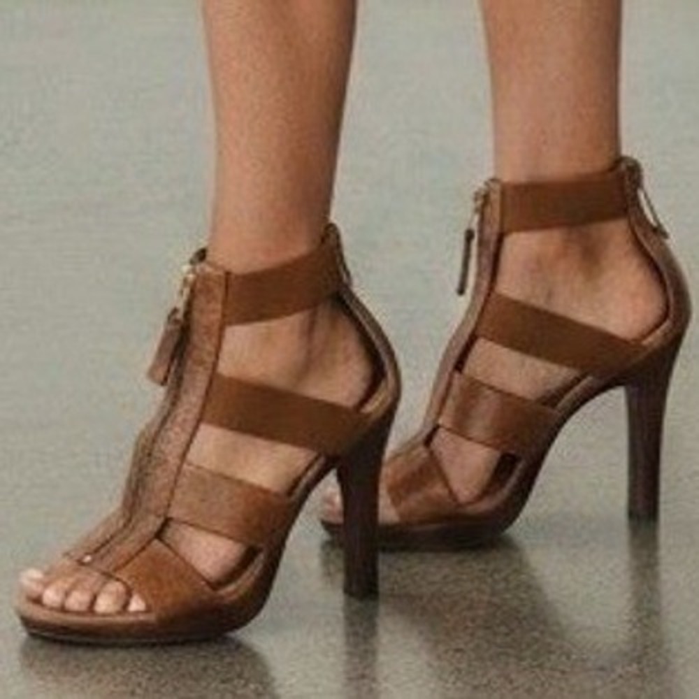 Cognac Brown Leather Gladiator Stiletto Heels Zip Front Sandals Size 8